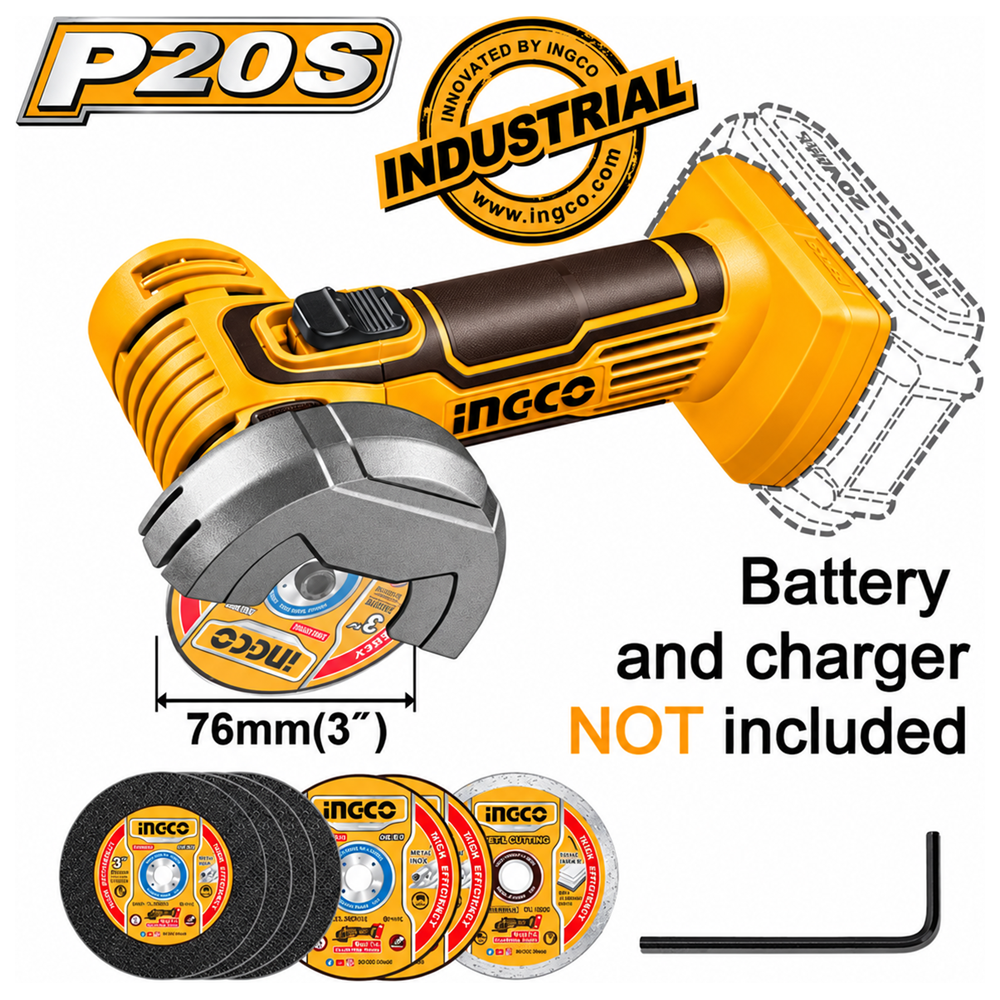 INGCO CAGLI76011 μίνι γωνιακός τροχός 20V 76mm χωρίς μπαταρία και φορτιστή